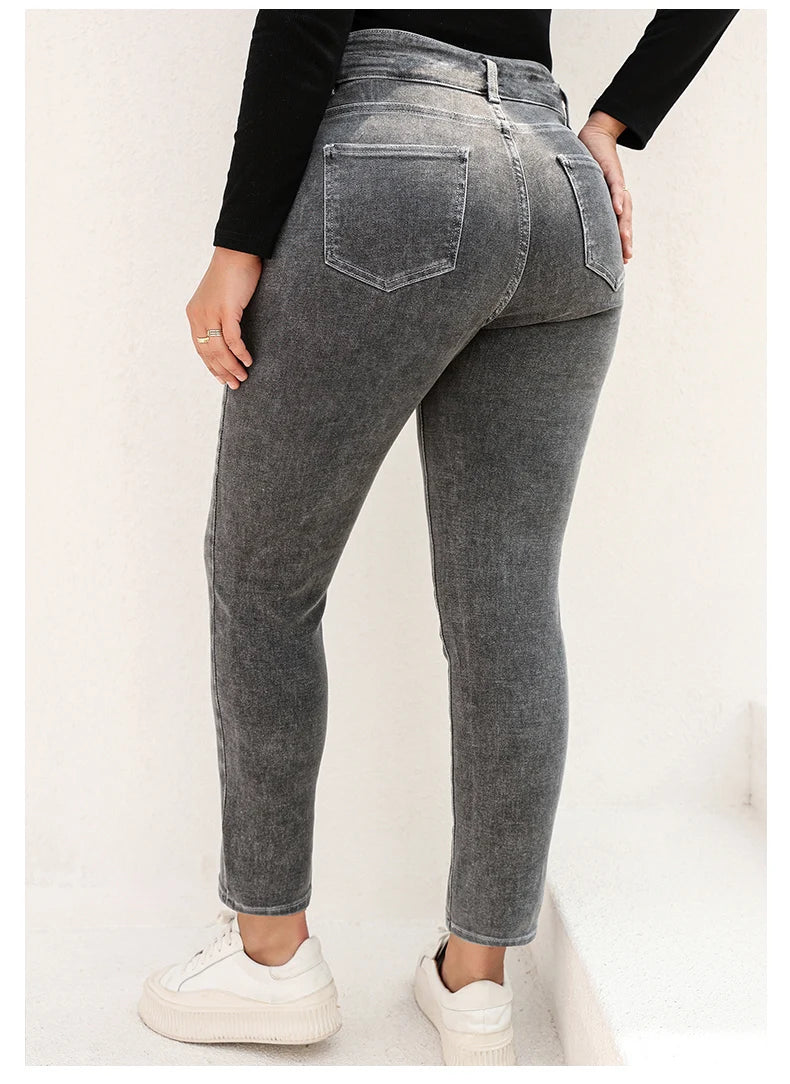 Plus Size Gray Jeans for Women Stretchy High Waist Mom Jeans Harem Full Length Washing Denim Jeans Curvy Fitting 100 Kgs Jeans