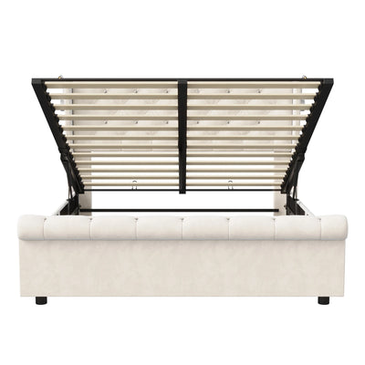Double bed, 140x190 cm, equipped with LED strip and USB port, with a hydraulic storage chest, velvet fabric