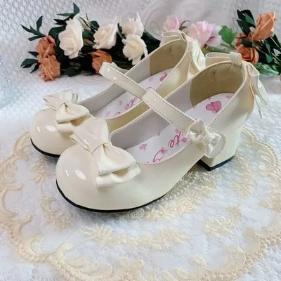 2024Lolita Style Cute Round Head  Jane Pumps With Bow Women's Sweet Party Dress Midi Heels Shoes Fashion PU Sandals