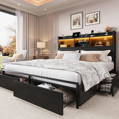 King Size Storage Bed Frame – 6 Built-In Drawers, Wooden Headboard & LED Lights with Charging Station