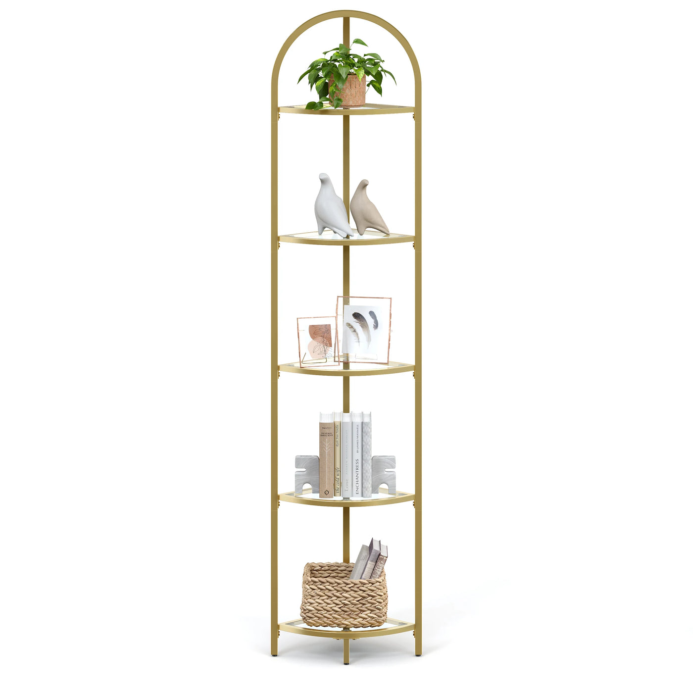 VASAGLE Corner Shelf, 5-Tier Plant Stand, Freestanding Glass Shelf Tower, High Storage Shelves for Living Room, Bathroom