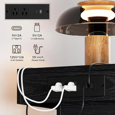 Night Stand with Charging Station, Modern Black Nightstand with LED Light and Drawers, Bedside Tables/End Table for Bedroom