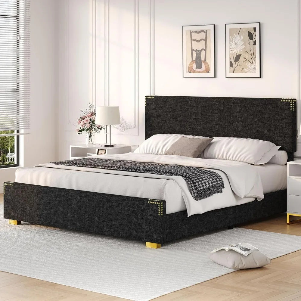 Bed Frames, Denim Texture Upholstered Bed Frame Full with Rivet Decorate Headboard and Headboard, Gold-Colored