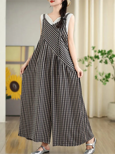 Oversized Summer Plaid Print Jumpsuit Women Wide Leg Loose Pleated Fashion Ladies Jumpsuits V-Neck Sleeveless Woman Jumpsuits
