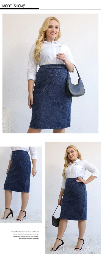 LIH HUA Women's Plus Size Denim Skirt Chic Elegant Skirt For Chubby Women Autumn Knitted Cotton Skirt