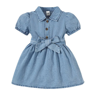 1-3 Years Summer Toddler Baby Girl Fashion Dress Bubble Sleeve Lapel Jeans Casual Dresses Birthday Party Costumes for Kid Girls