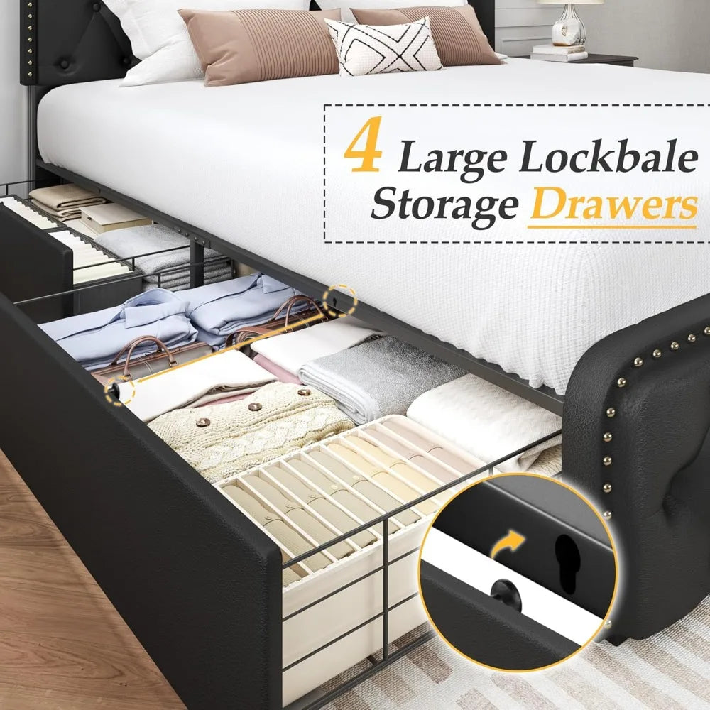 Lifezone Queen Bed Frame with Headboard Faux Leather Upholstered Metal Queen Bed Frame with 4 Storage Drawers, Adjustable Headbo