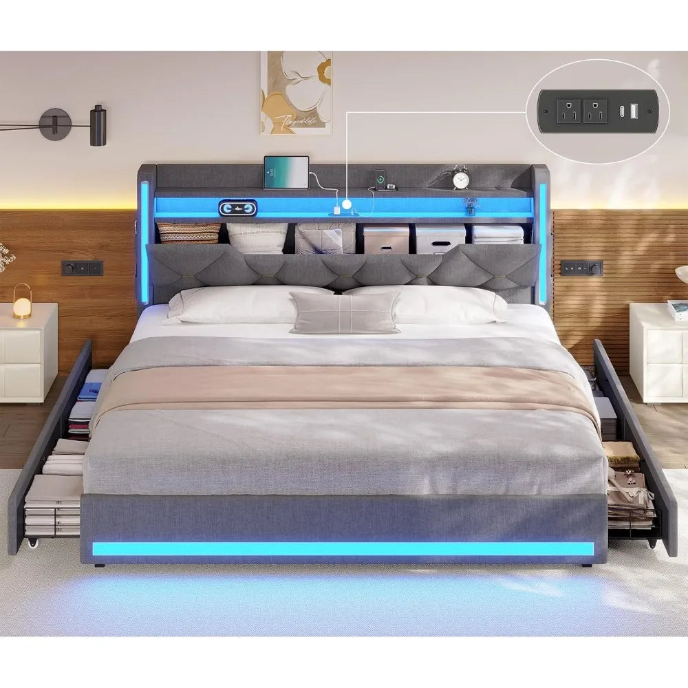 Full Size Bed Frame with Headboard and Openable Storage,Upholstered Platform Bed with 4 Drawers,Metal Bed Frame with