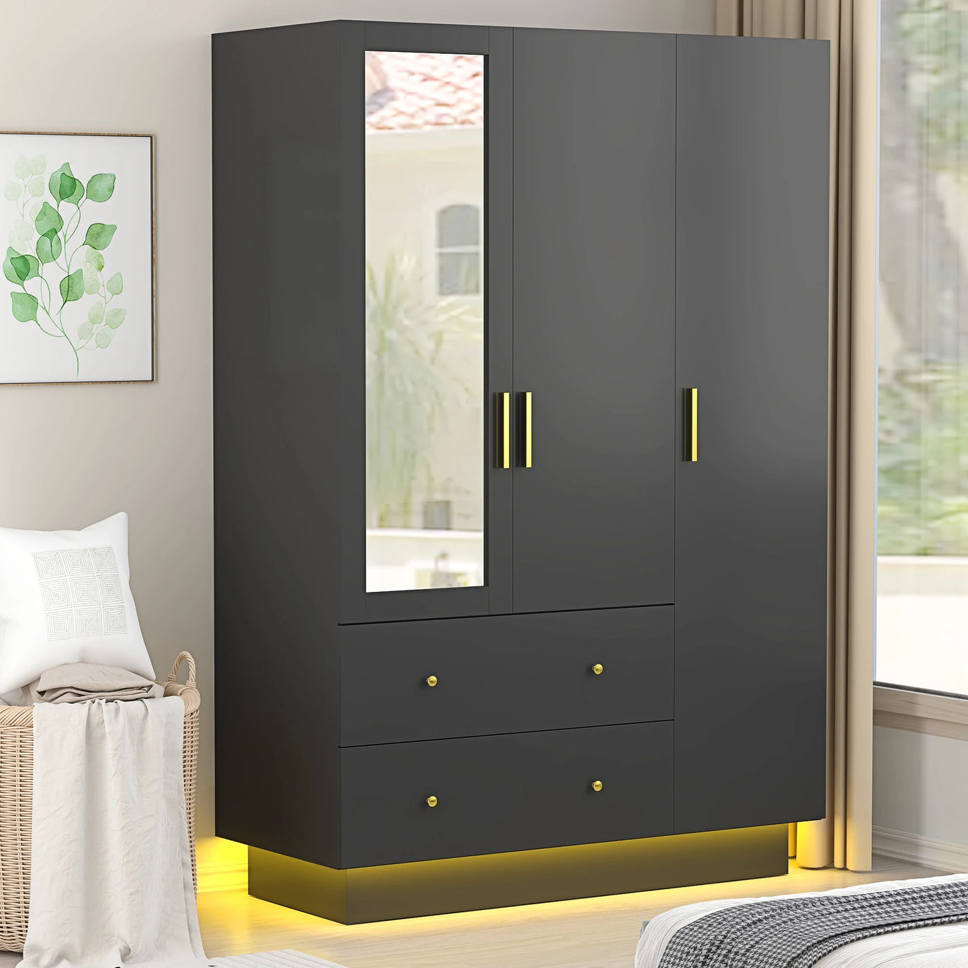 Modern Wooden Armoire Wardrobe Closet with Hanging Rod for Bedroom, 3 Door Wardrobe Closet with Mirror & LED Lights,White