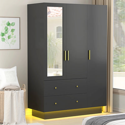 Modern Wooden Armoire Wardrobe Closet with Hanging Rod for Bedroom, 3 Door Wardrobe Closet with Mirror & LED Lights,White