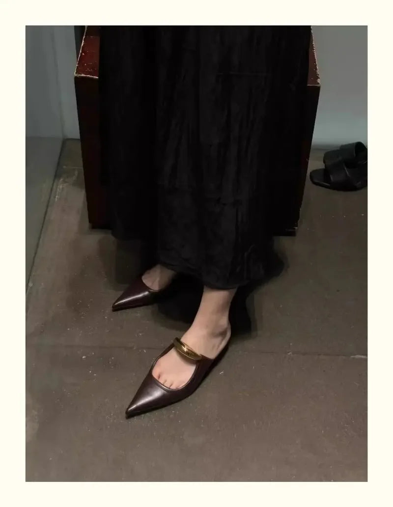 Chunky Pointed Toe Slippers Women Metal Buckle Retro Slides Female Comfy Fashion Low Heel Sandals Designer Mules Pumps Women