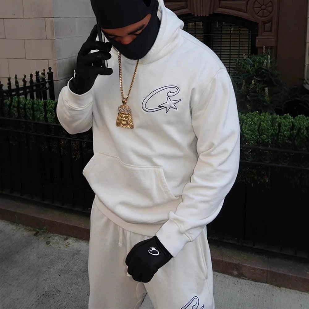 Y2K Unisex White Hoodie and Jogger Set, Casual Sportswear, Comfortable Sweatshirt and Pants, Trendy Outfit for Men and Women