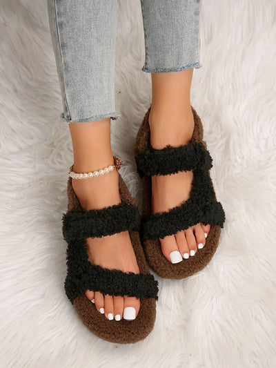 Lightweight Comfortable Sandals Woman Winter Warm Plush Sandals Ladies Brand Design Thick Sole Teddy Fur Outdoor Slipper Shoes