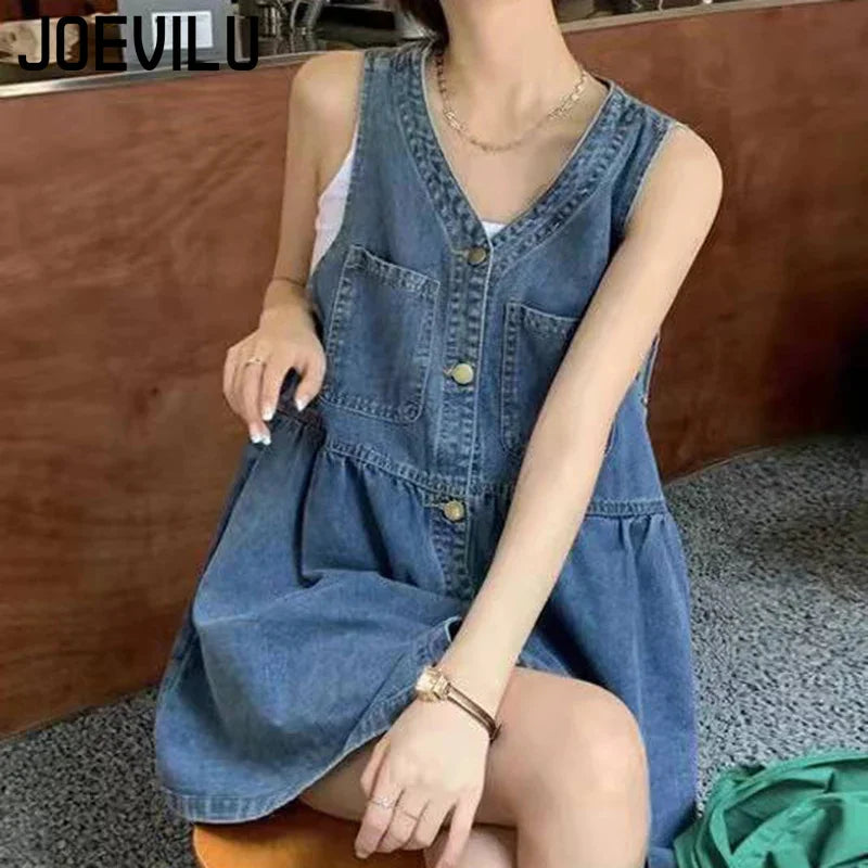 Women's sleeveless halter dress  Summer Single Breasted Pocket Denim Dress  Women's Korean loose A-line mini dresses