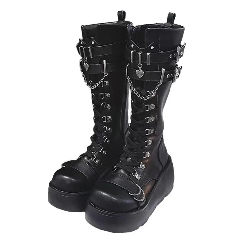 Metal Buckle Chunky Platform Punk Boots Women 2024 Winter Gothic Thick Bottom Knee High Boots Woman Black Wedges Cosplay Shoes