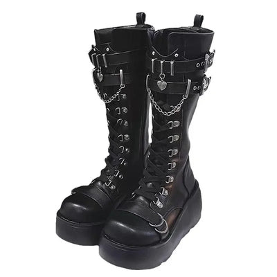 Metal Buckle Chunky Platform Punk Boots Women 2024 Winter Gothic Thick Bottom Knee High Boots Woman Black Wedges Cosplay Shoes
