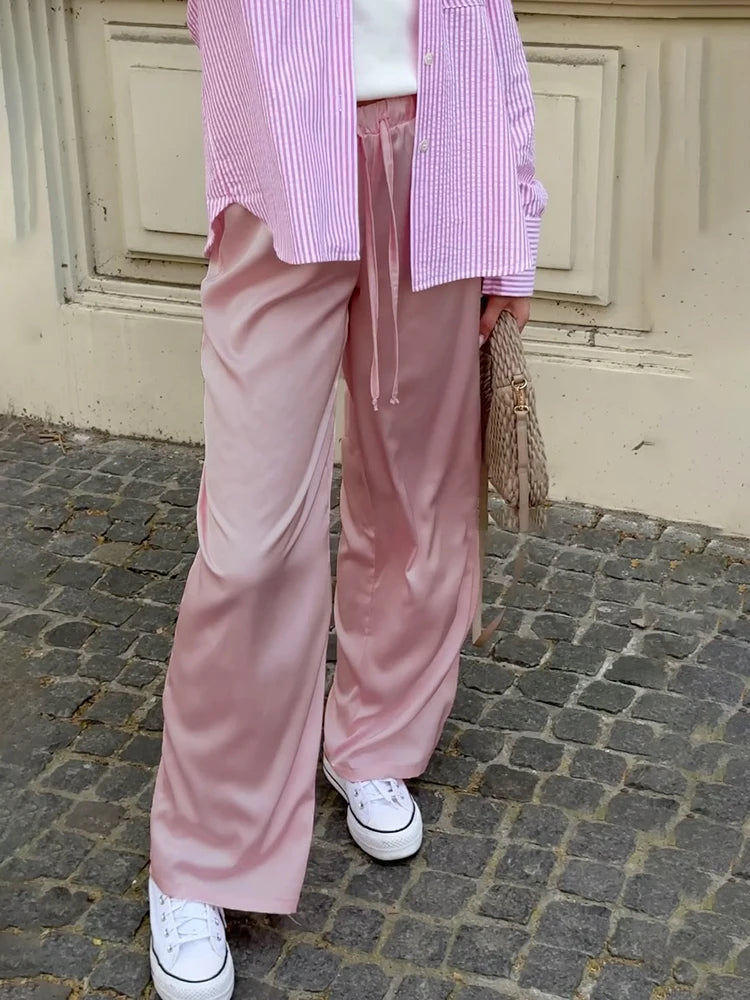 JULISSA MO Satin High Waist Lace Up Women Trousers Pink Casual Basic Elastic Waist Drawstring Pant Lady Loose Elegant Streetwear