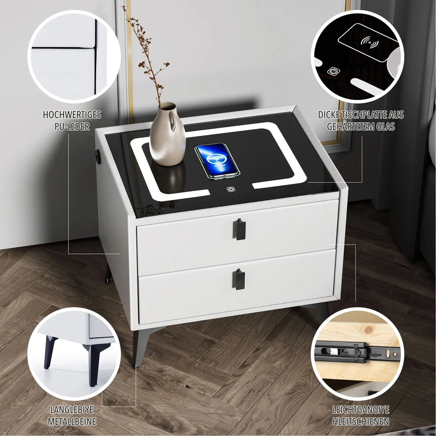 Smart Bedside Table with Wireless Charging, Nightstand with LED Light, 2 Drawers Nightstand, LED Bedside Table for Living