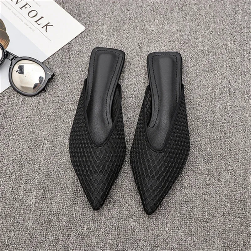 Women's Pointed Toe Slippers 2024 Summer Designer Mesh Beach Flat Shoes Slides Outside Mules Gladiator Sandals Zapatos De Mujer