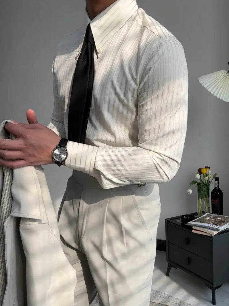 New Daily Business Leisure Mens Stripe Shirt Vintage Single Breasted Slim Fit Office Man Slim Fit Shirts Turn-Down Collar Tops