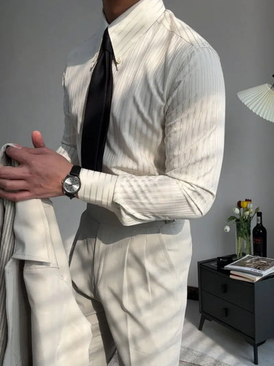 New Daily Business Leisure Mens Stripe Shirt Vintage Single Breasted Slim Fit Office Man Slim Fit Shirts Turn-Down Collar Tops