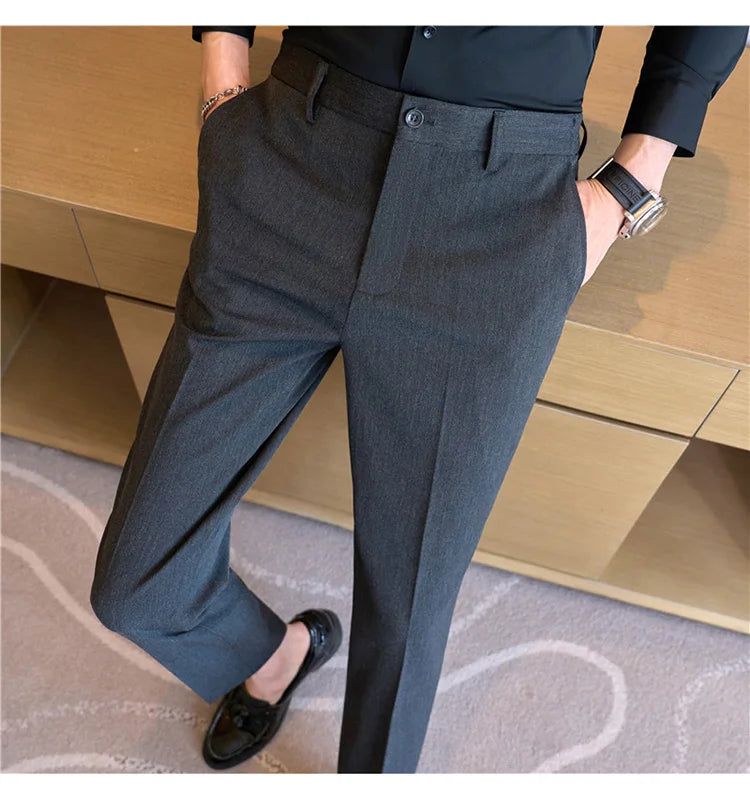 High End Elastic Waistband Suit Pants for Men Embroidered Business Casual Pants Solid Colror Versatile Social Office Trousers
