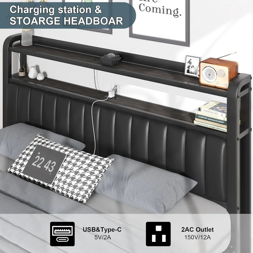 King Size Bed Frame with Star Projector & Charging Station, Metal Upholstered Bed frame with Headboard, Heavy Duty Beds