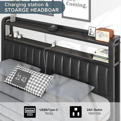 King Size Bed Frame with Star Projector & Charging Station, Metal Upholstered Bed frame with Headboard, Heavy Duty Beds