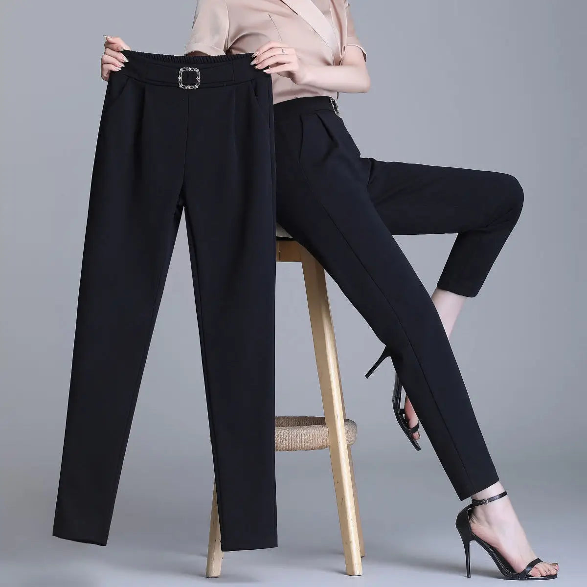 Elegant High Waist Elastic Harem Pants for Women Commuter Casual Capri Pants Fashion Solid Color Pockets Sashes Trousers 4XL