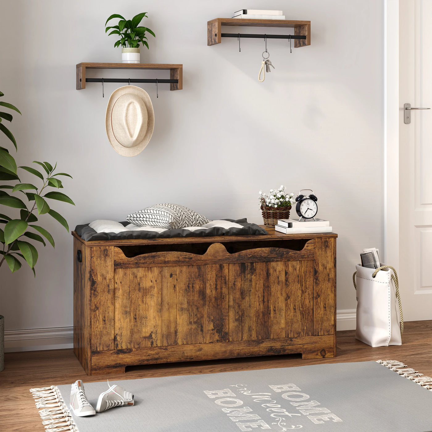 Storage Chest, Storage Trunk with 2 Safety Hinge, 100 cm Lift-Top Storage Bench, Wooden Storage Organizer for Entryway