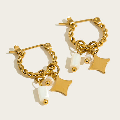 YACHAN 18K Gold Plated Stainless Steel Hoop Earrings for Women Tap Texture Metal Pearl Charms Earring Trendy Jewelry Gift