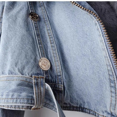 Short Thicken Denim Jacket For women 2025 Autumn Winter Detachable Imitation Fox fur Zipper Denim Coat Female Warm Parker Tops