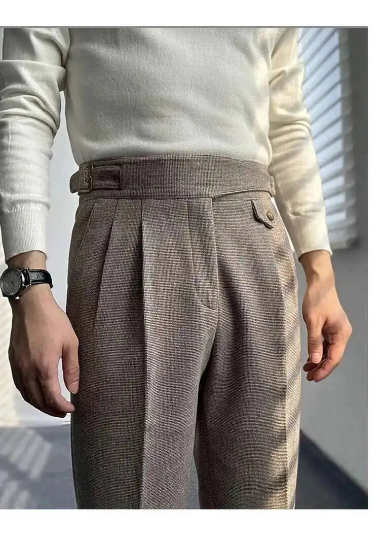 2023 Autumn Winter Men's Warm Retro Straight Trouser Male Casual British High Waist Pants Office-trousers Dress Pant Trousers