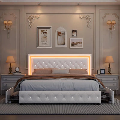Queen LED Bed Frame, Upholstered Bed with 4 Drawers, Adjustable Upholstered Headboard Diamond Bed Frame, No Box Spring Needed