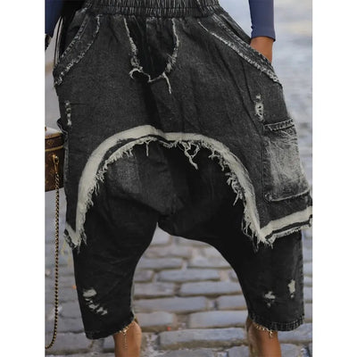 Women Jeans Harem Pants Hip Hop Punk Denim Pant Hole Elastic Waist Washed Distressed Pockets Streetwear 2025 Ripped Trousers