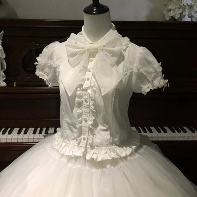 Japanese Lolita Shirts Vintage Elegant Women Classical Sweet Short Sleeve Blouse Ruffles Bow Casual Y2k Crop Tops Gothic Blusas