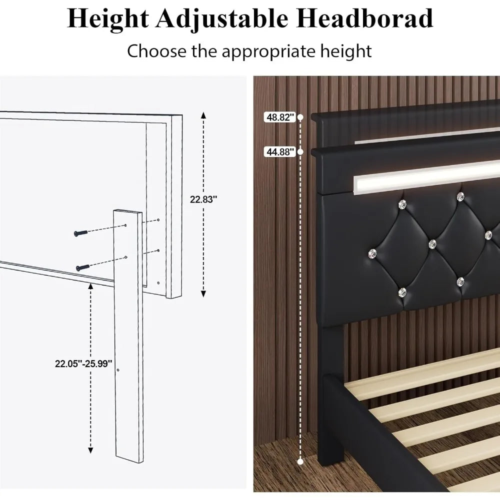 Queen Size Bed Frame with LED Light and Charging Station, Faux Leather Upholstered Platform Bed with Handcrafted Crystal Button