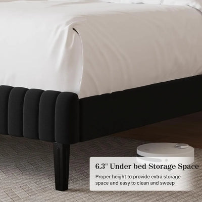 Twin Bed Frame, Velvet Upholstered Platform Bed with Vertical Channel Tufted Headboard and Footboard, No Box Spring Required