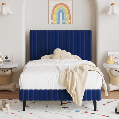 Twin Bed Frame, Velvet Upholstered Platform Bed with Vertical Channel Tufted Headboard and Footboard, No Box Spring Required