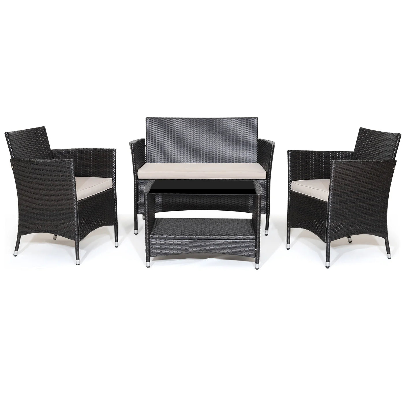 4PCS Patio Rattan Furniture Set Armrest Cushion Sofa Coffee Table withShelf Garden