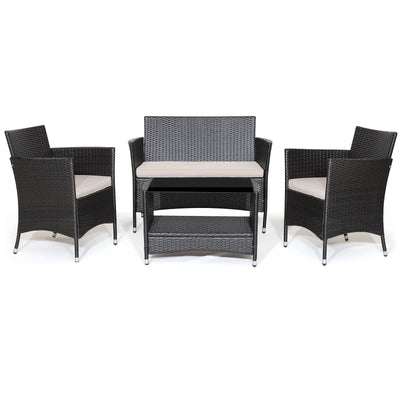 4PCS Patio Rattan Furniture Set Armrest Cushion Sofa Coffee Table withShelf Garden