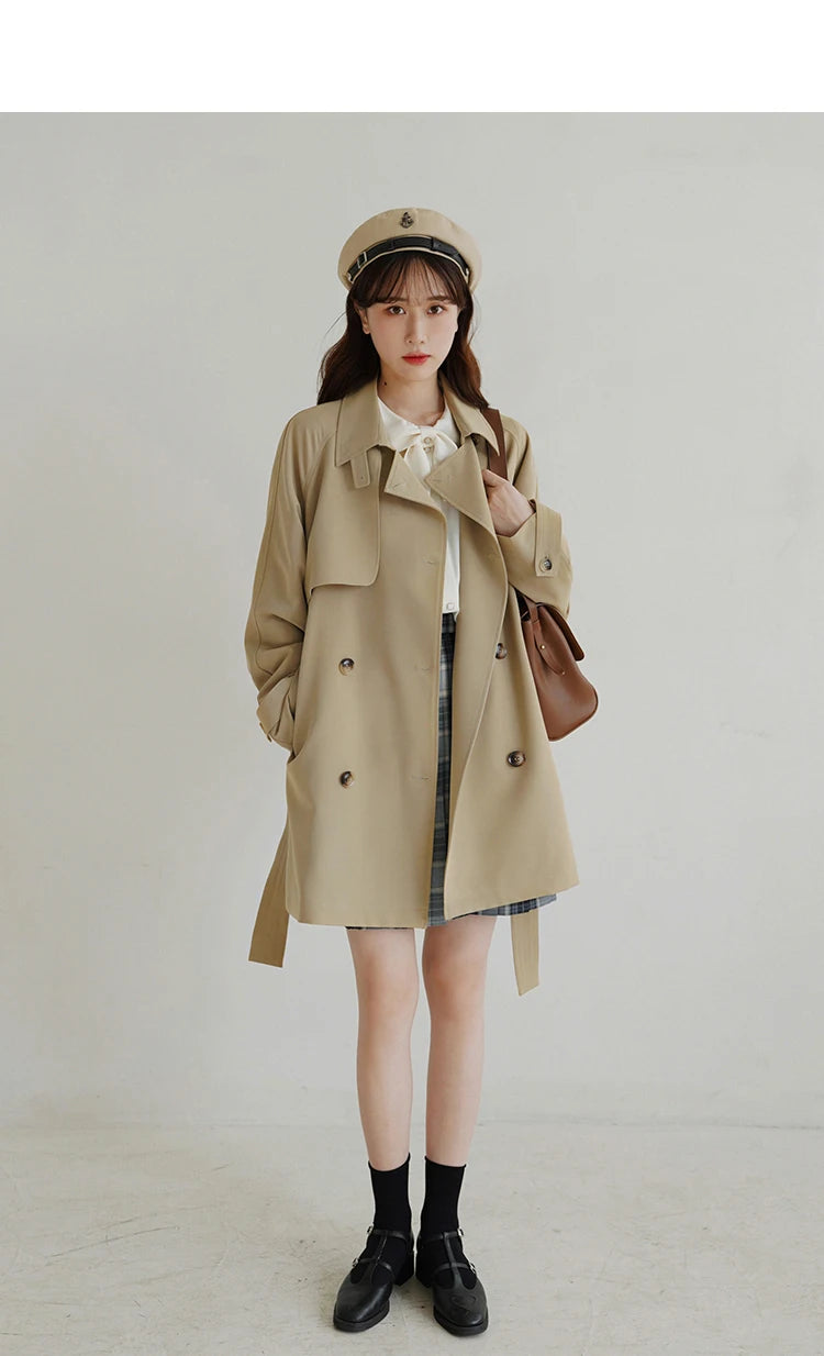 Women Spring Fall Short Trench Coat Korean Style Loose Fit Casual Khaki Jacket Petite-Friendly Versatile and Stylish Outerwear