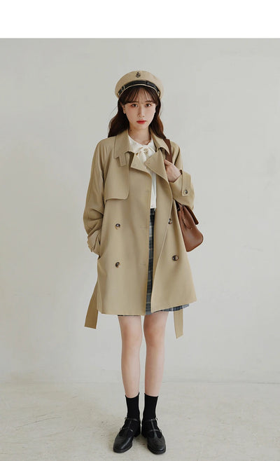 Women Spring Fall Short Trench Coat Korean Style Loose Fit Casual Khaki Jacket Petite-Friendly Versatile and Stylish Outerwear