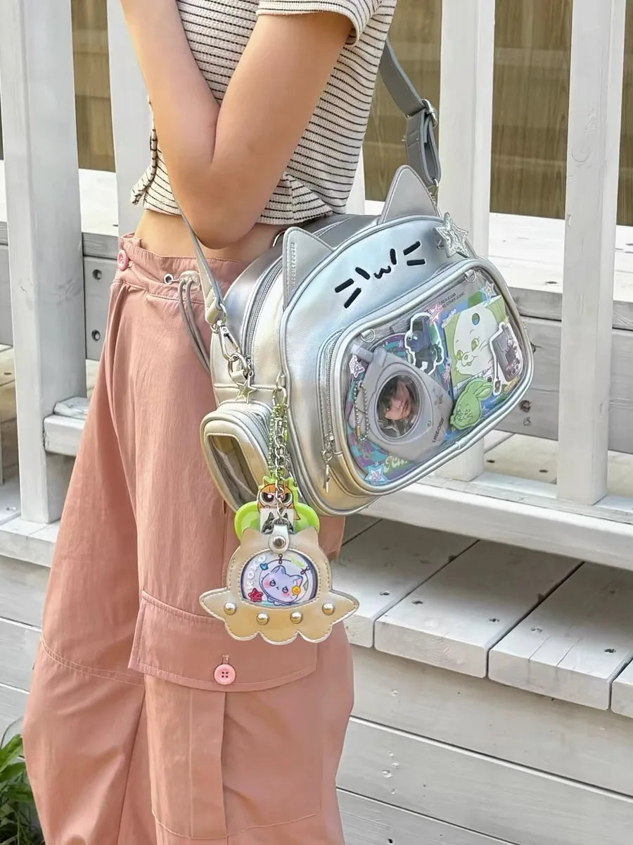 JIAERDI Kawaii Cat Ita Bag Lolita Y2K Backpack Female Cute PU Shoulder Bag Girl Transparent Pocket Harajuku Crossbody Bag Women