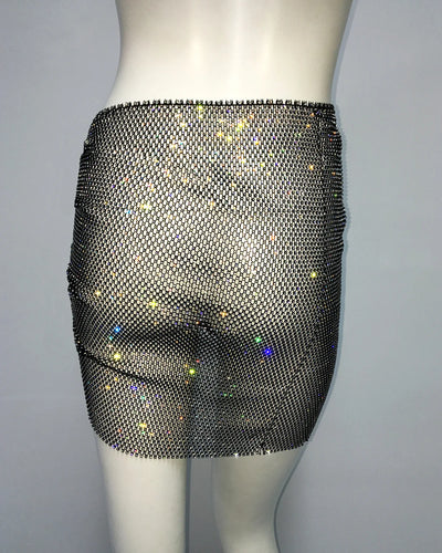Sexy Hollow Out Mesh Mini Skirt Glitter Rhinestone See Through Fishnet Side Split Skirt Rave Festival Nightclub Party Skirt