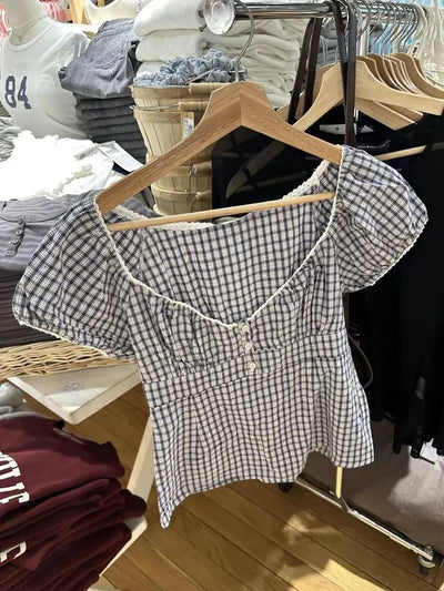 Lace Three-button Plaid Puff Sleeve Short Sleeve T-shirt Women's Summer Sweet Preppy Style Slim Shirt V-neck Short Tops Y2k