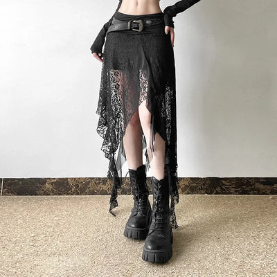 Y2K Goth Dark Irregular Hem Lace Patchwork Mid Skirts Women Streetwear Fairy Slim Pleat A-line Skirt Mall Goth Fashion Bottoms