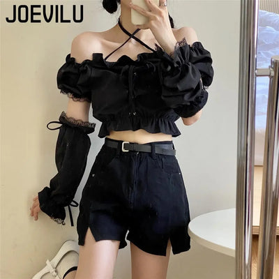 Women's Removable Sleeve T-shirt Drawstring Off Shoulder Crop Top Vintage Shirt Dark Style Harajuku Goth Tee Spring Y2k