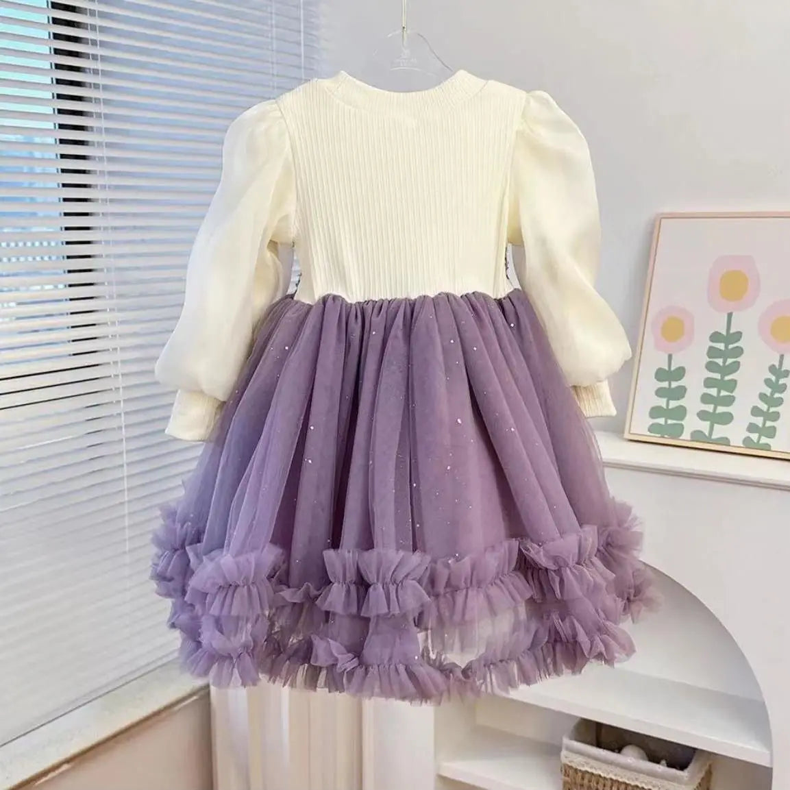 Young Girl Spring  Autumn 2025 New Style Pink Casual Dress Birthday Party Dresses for Girls Purple Fluffy Dress 2-10 Years Old