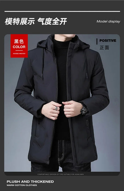 Fashion Men Long Parkas Coat Solid Slim Fit Warm Thicken Jacket Outwear Windproof Coat Hooded Cotton-padded Zipper Windbreaker